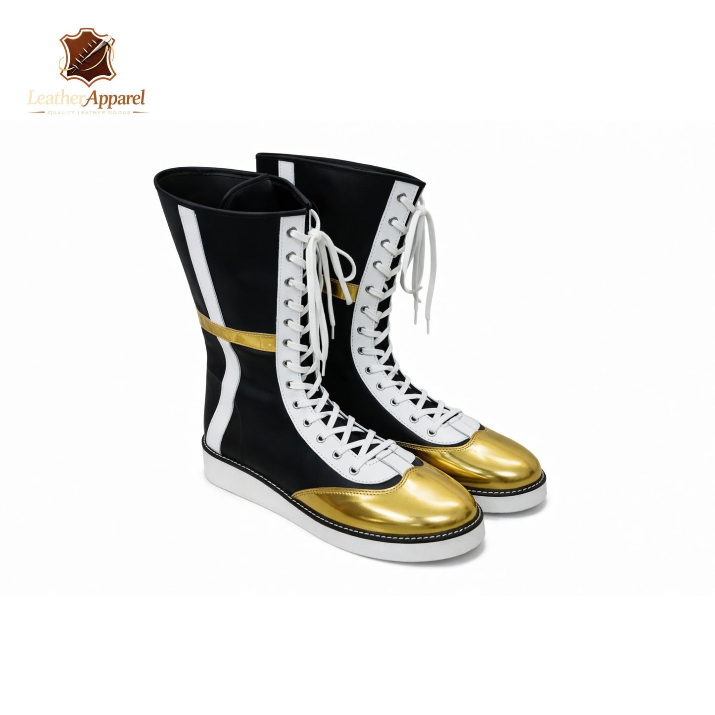 Pro Boxing & Wrestling Boots – High Top Lace Up | Black Gold White