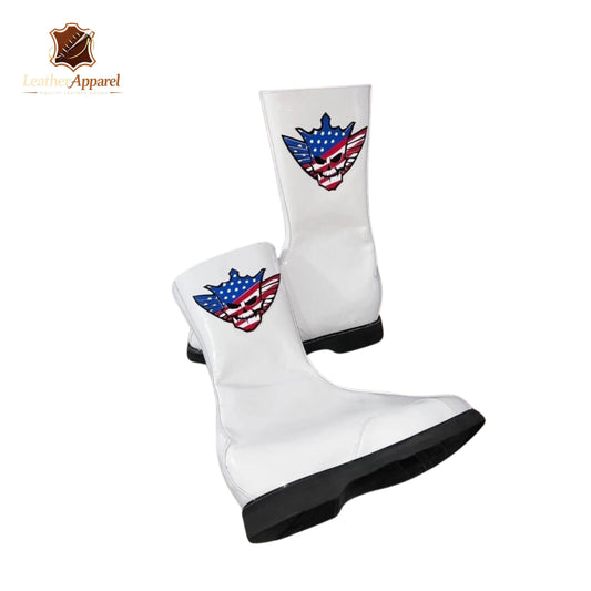 Patriot Wrestling Boots – White High Top with USA Emblem | Side Strap