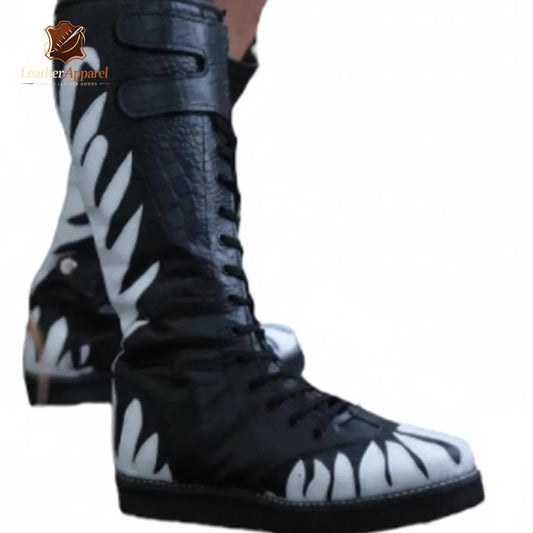 Venom Strike Wrestling Boots – Black & White Flame High Top | Side Strap
