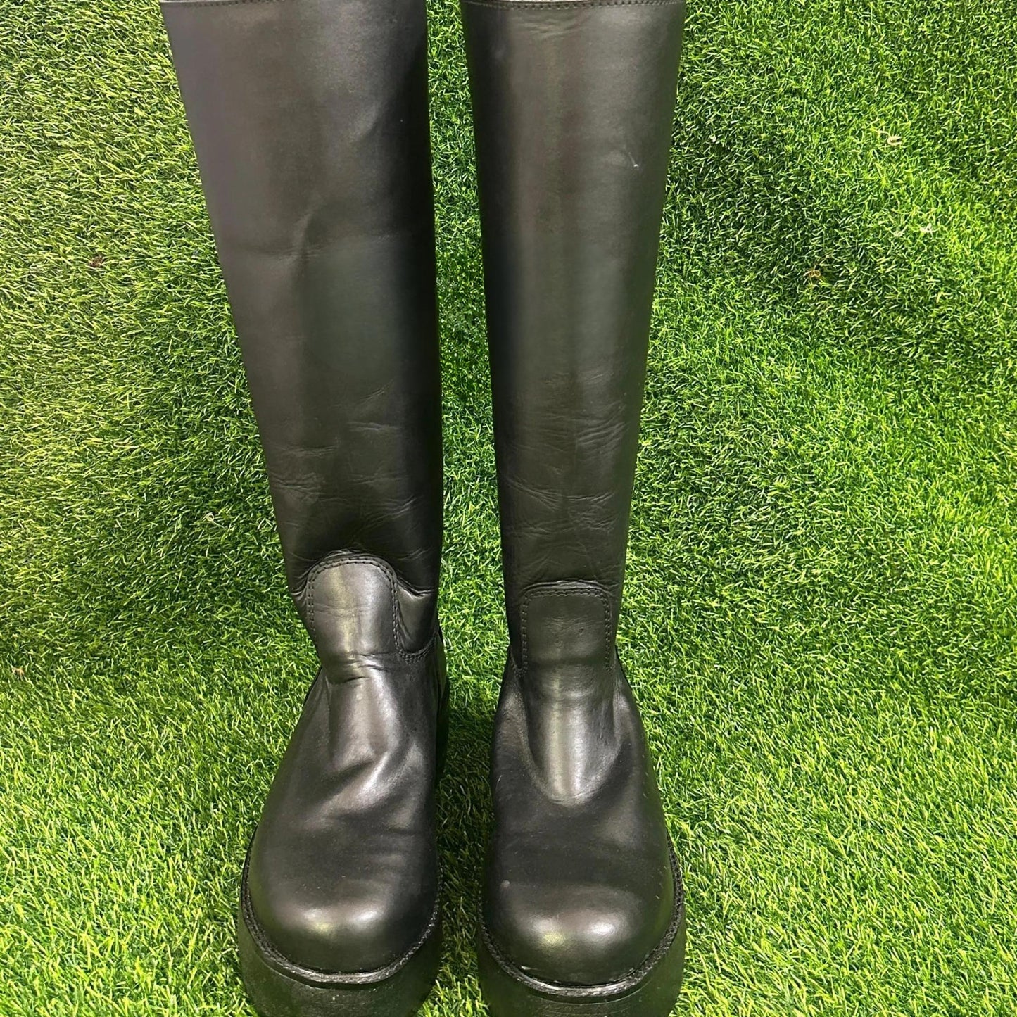 Classic Knee High Wrestling Boots – All Black Leather | Platform Sole