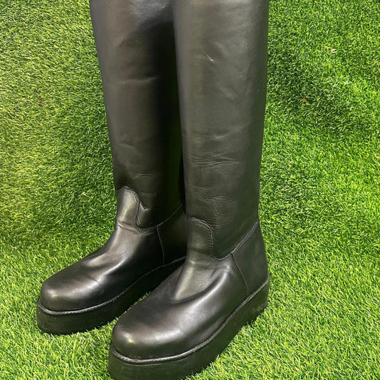 Classic Knee High Wrestling Boots – All Black Leather | Platform Sole