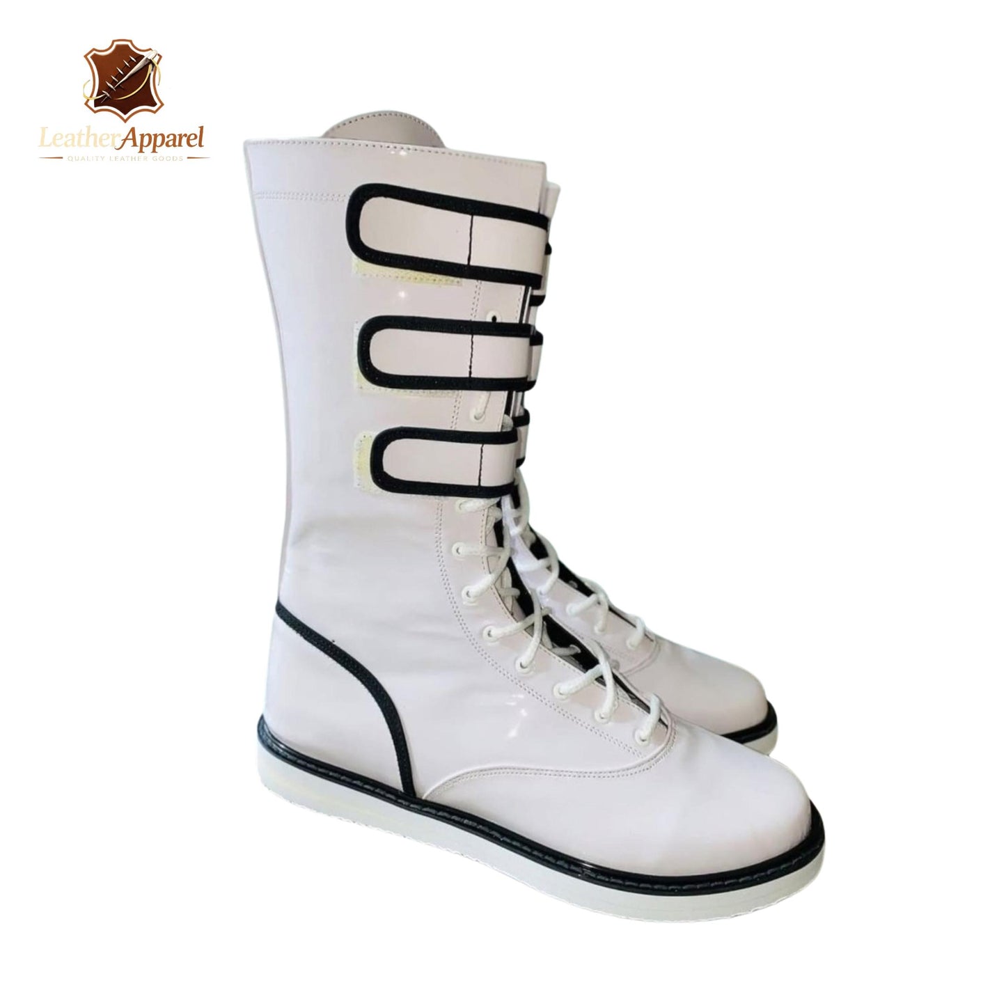 Arctic Combat Wrestling Boots – White Knee High | Triple Strap Lace Up