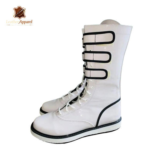Arctic Combat Wrestling Boots – White Knee High | Triple Strap Lace Up