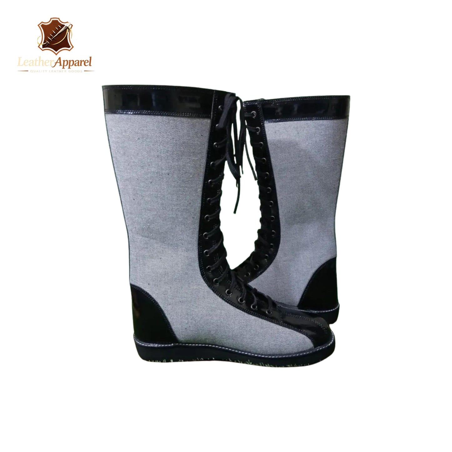 Old School Canvas Wrestling Boots – Grey & Black Knee High | Full Lace Up