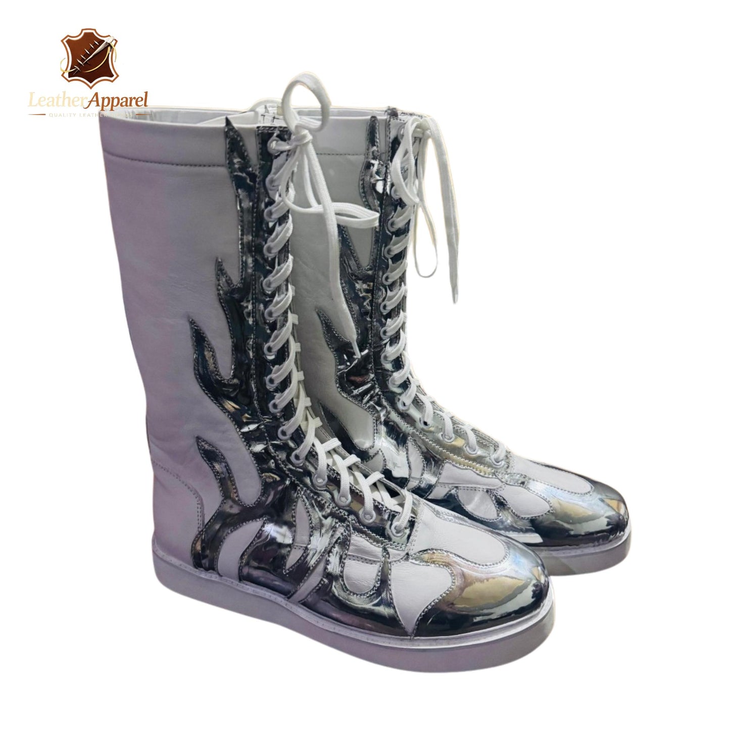 Chrome Star Wrestling Boots – Silver Metallic Knee High | Full Lace Up