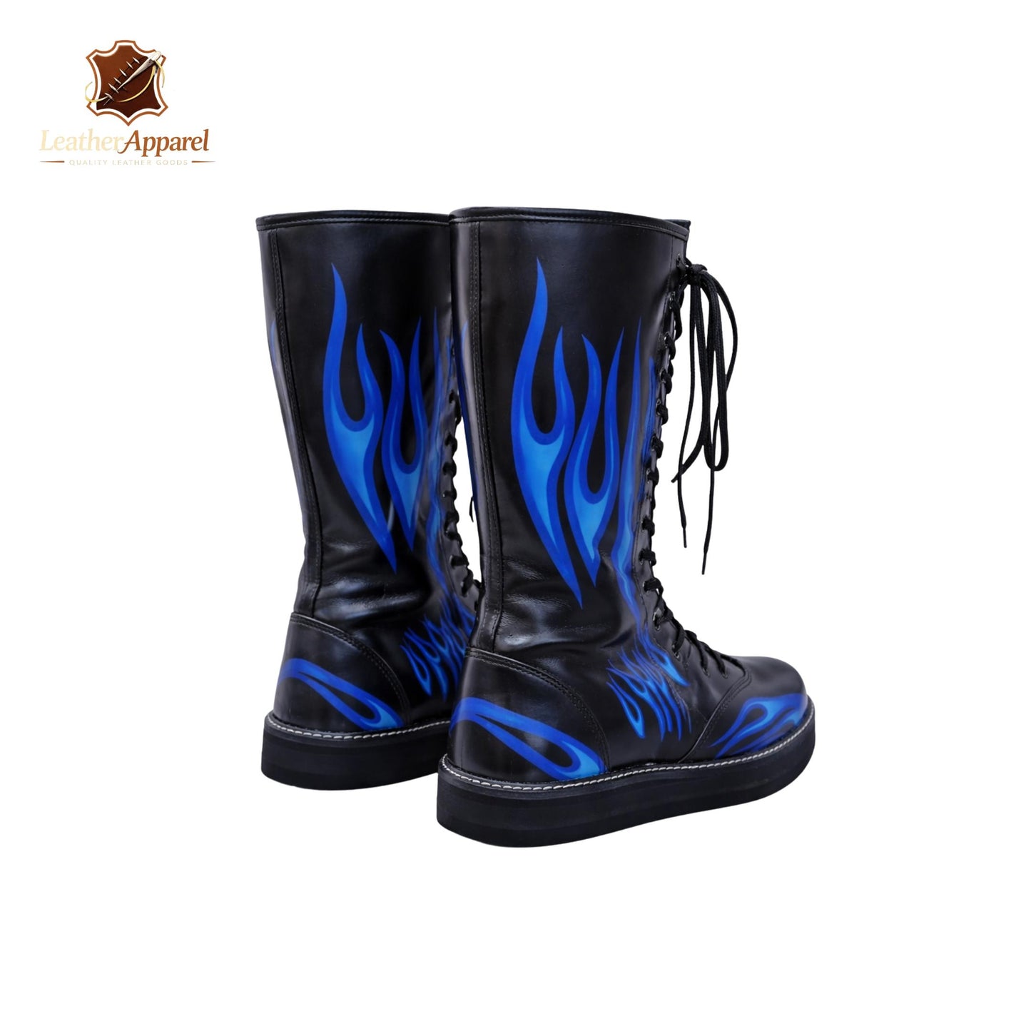 Blue Flame Knee High Wrestling Boots – Black & Electric Blue | Platform Lace Up