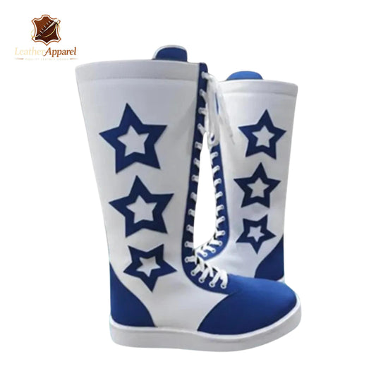 Triple Star Patriot Wrestling Boots – White & Royal Blue Knee High | Lace Up
