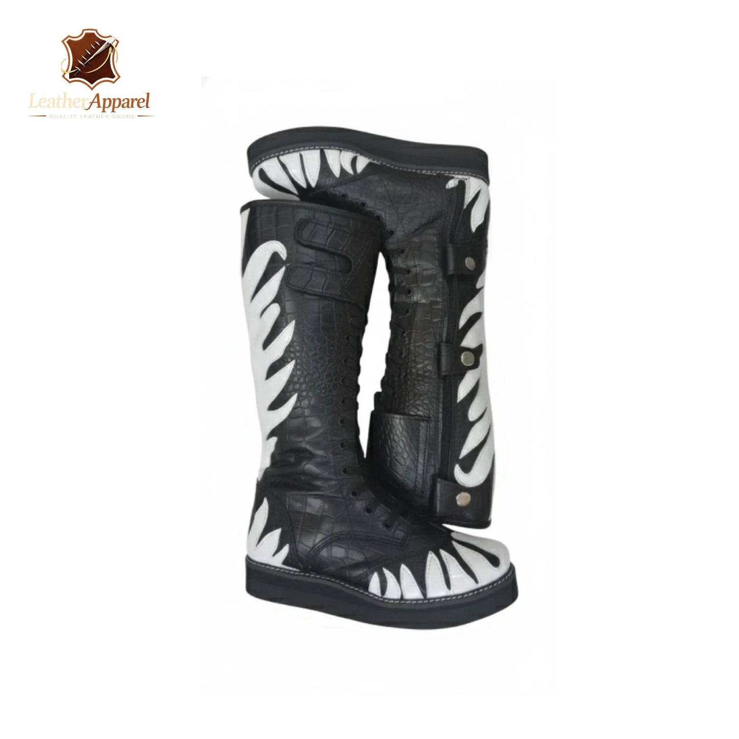 Venom Strike Wrestling Boots – Black & White Flame High Top | Side Strap