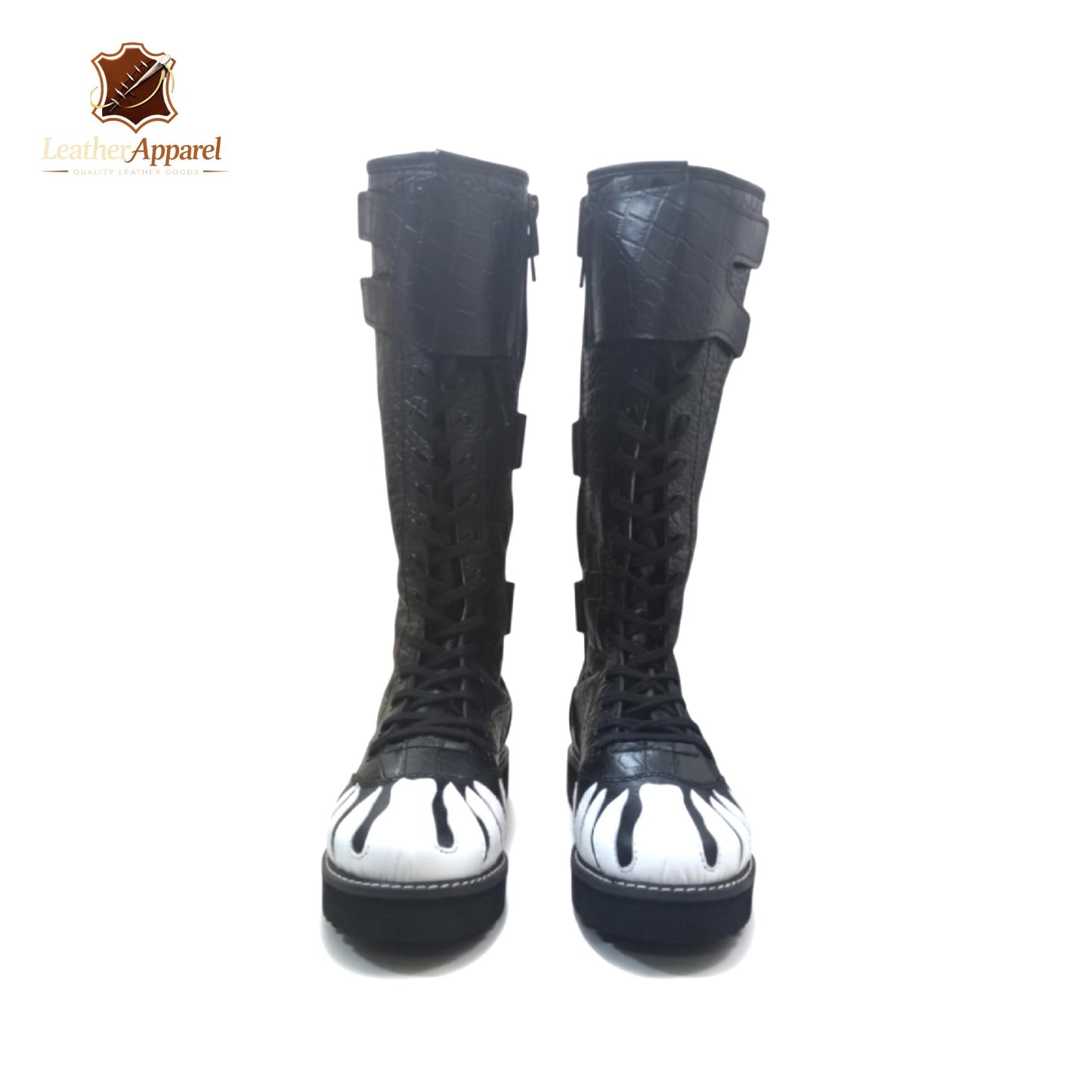 Venom Strike Wrestling Boots – Black & White Flame High Top | Side Strap
