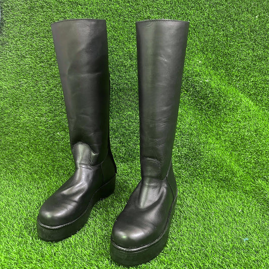 Classic Knee High Wrestling Boots – All Black Leather | Platform Sole