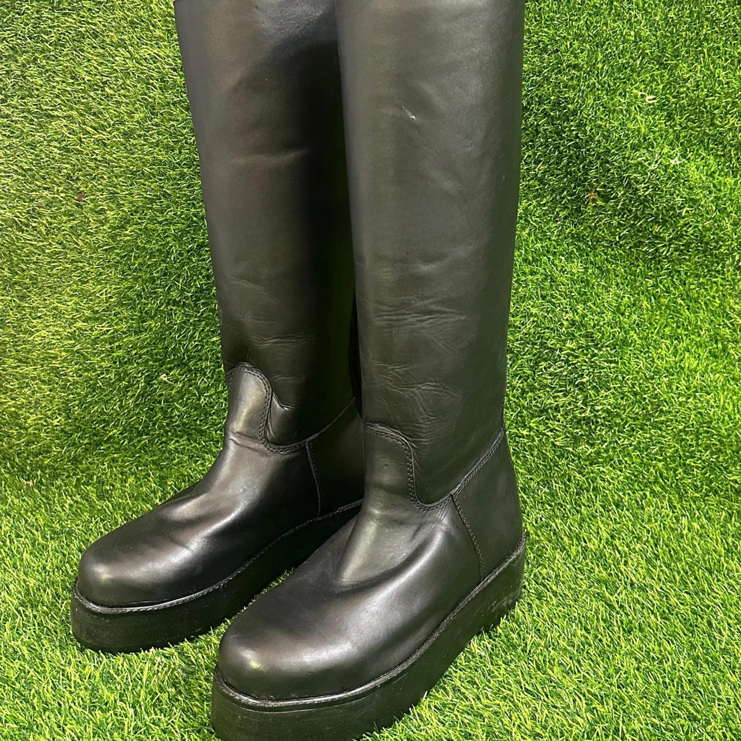 Classic Knee High Wrestling Boots – All Black Leather | Platform Sole