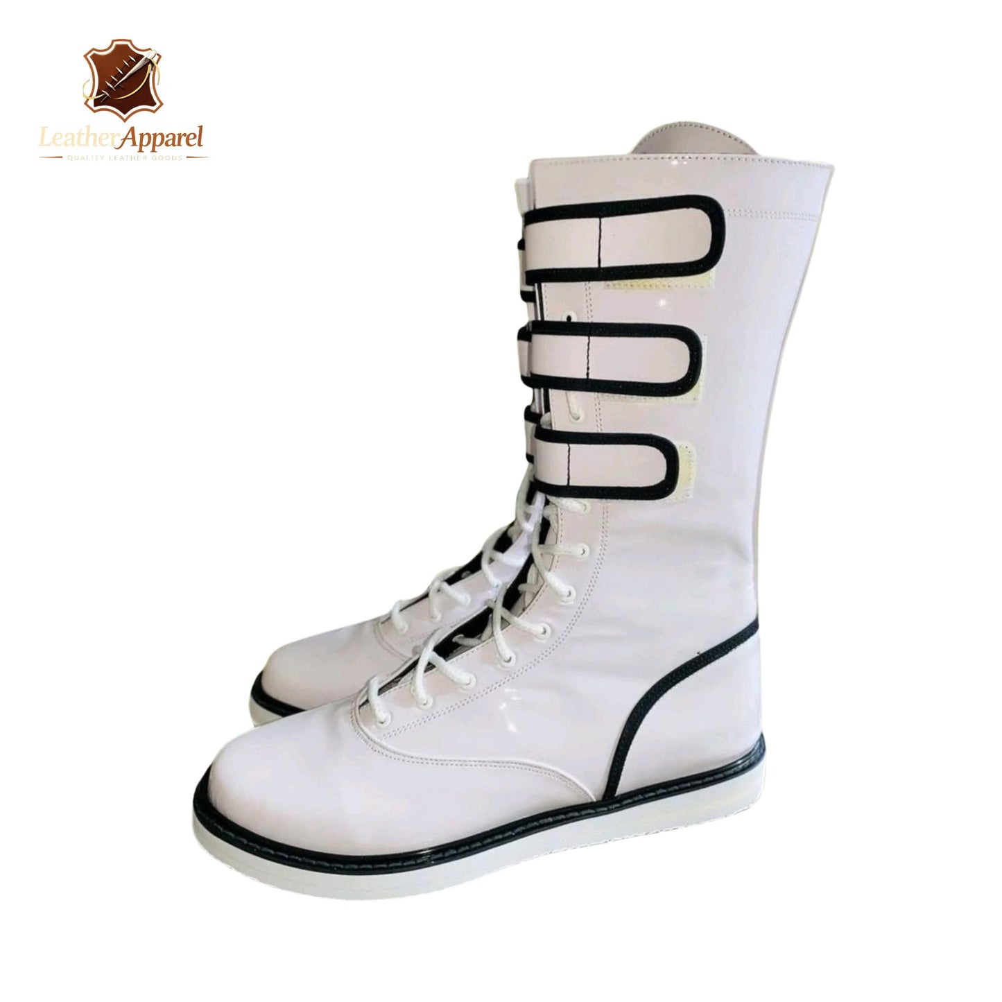 Arctic Combat Wrestling Boots – White Knee High | Triple Strap Lace Up