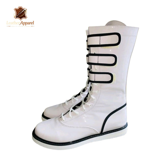 Arctic Combat Wrestling Boots – White Knee High | Triple Strap Lace Up