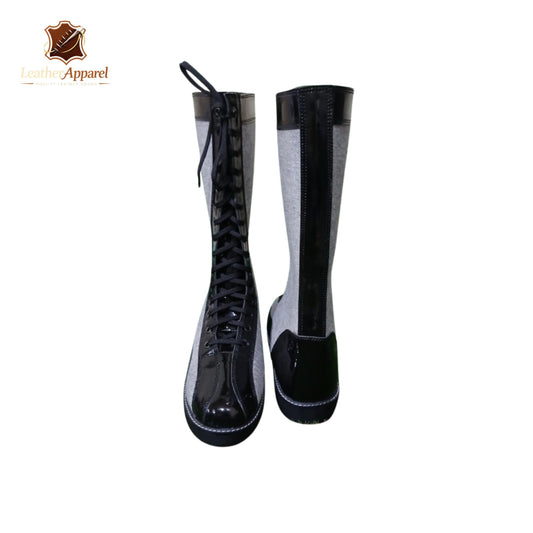 Old School Canvas Wrestling Boots – Grey & Black Knee High | Full Lace Up