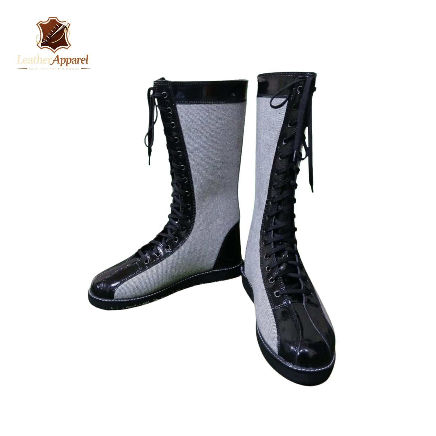 Old School Canvas Wrestling Boots – Grey & Black Knee High | Full Lace Up