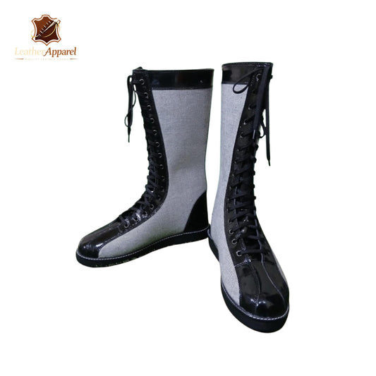 Old School Canvas Wrestling Boots – Grey & Black Knee High | Full Lace Up