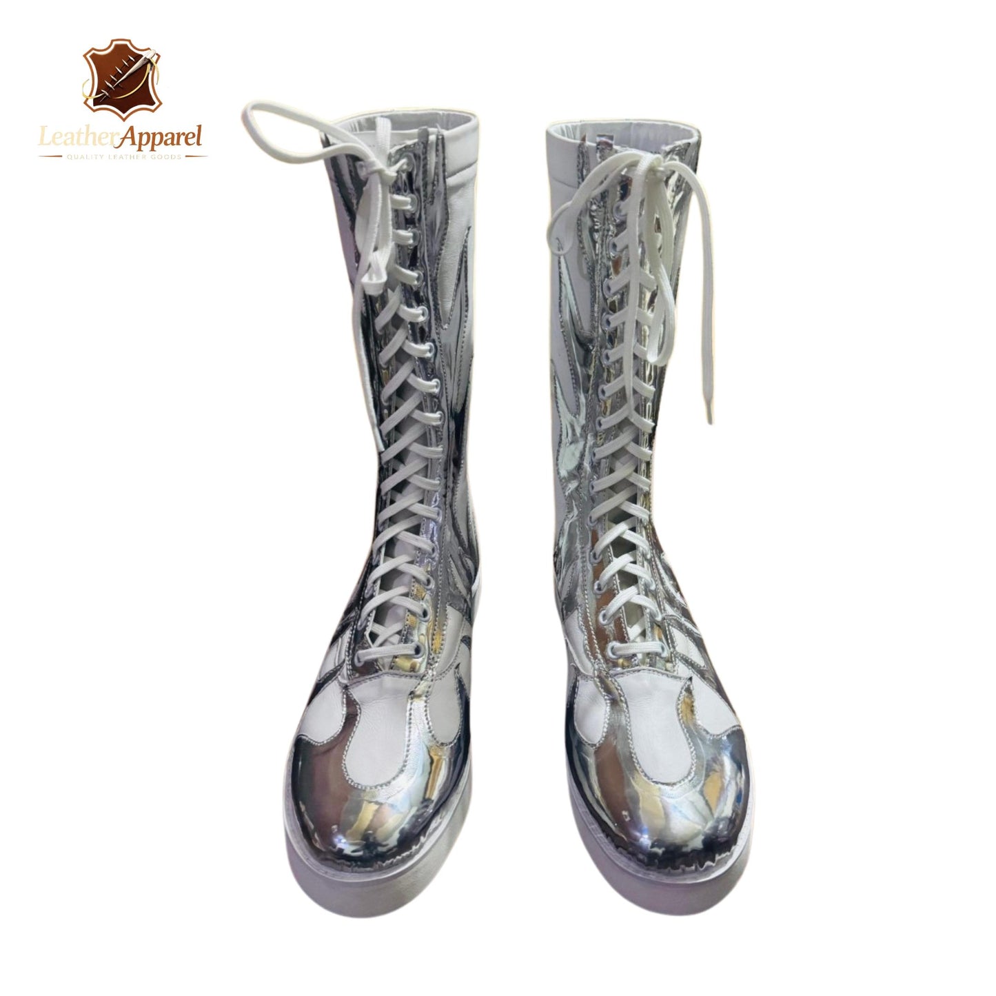 Chrome Star Wrestling Boots – Silver Metallic Knee High | Full Lace Up