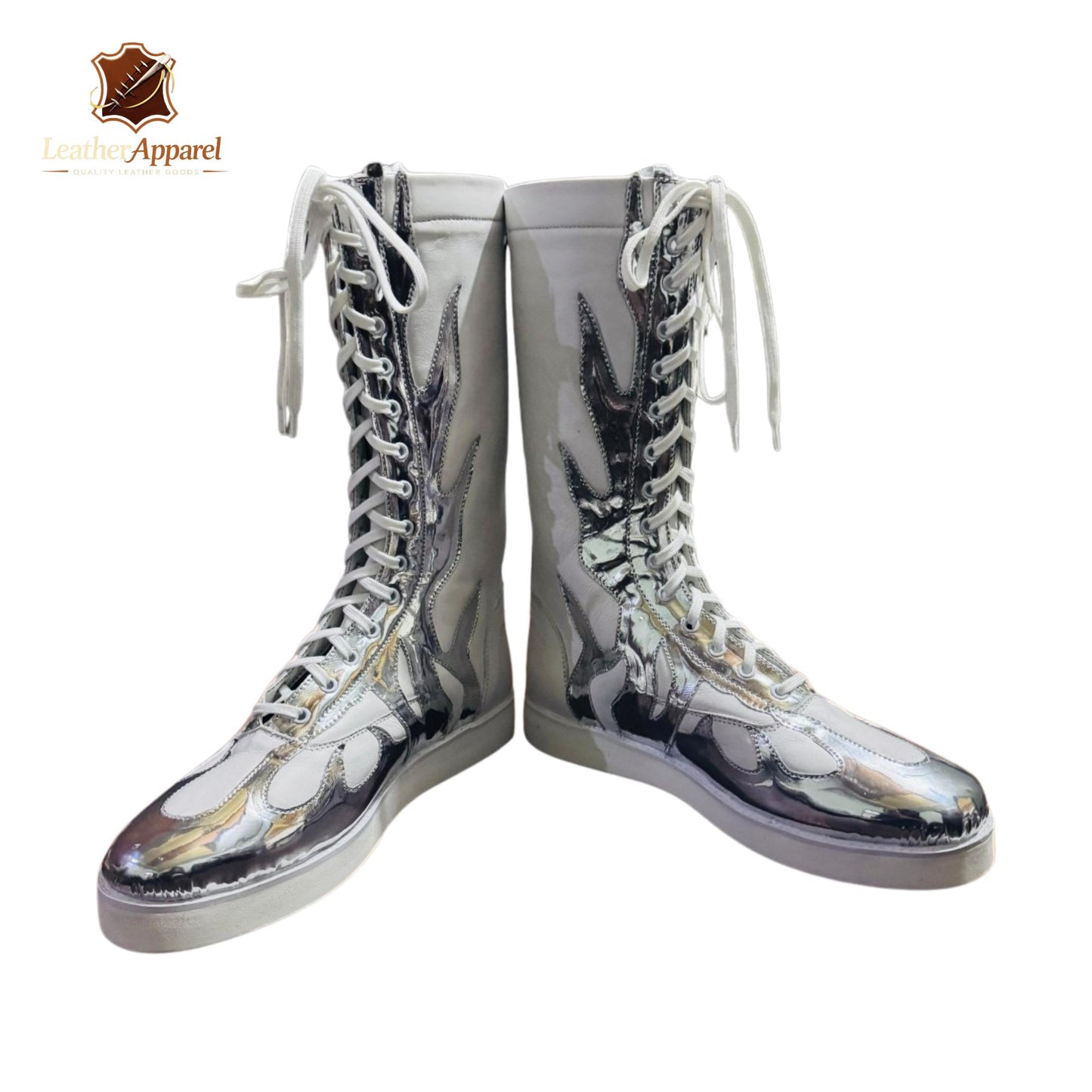 Chrome Star Wrestling Boots – Silver Metallic Knee High | Full Lace Up