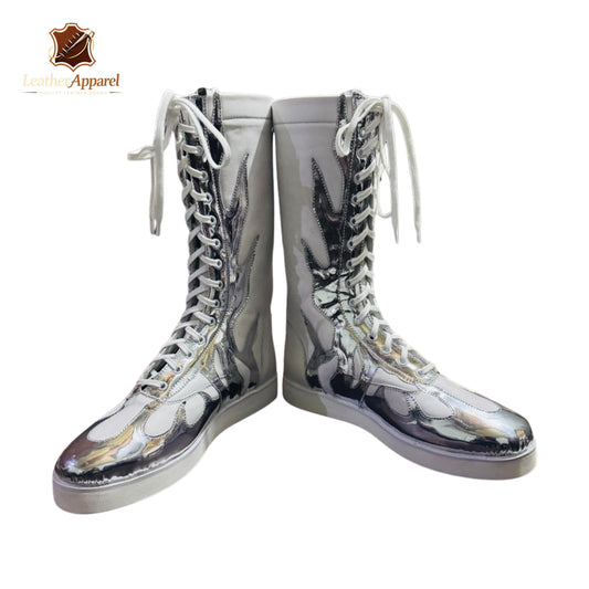 Chrome Star Wrestling Boots – Silver Metallic Knee High | Full Lace Up