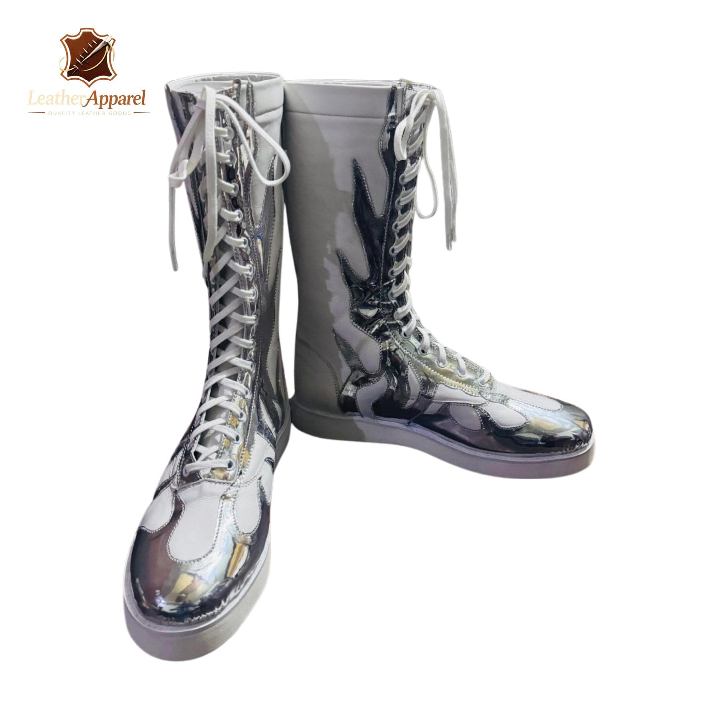 Chrome Star Wrestling Boots – Silver Metallic Knee High | Full Lace Up