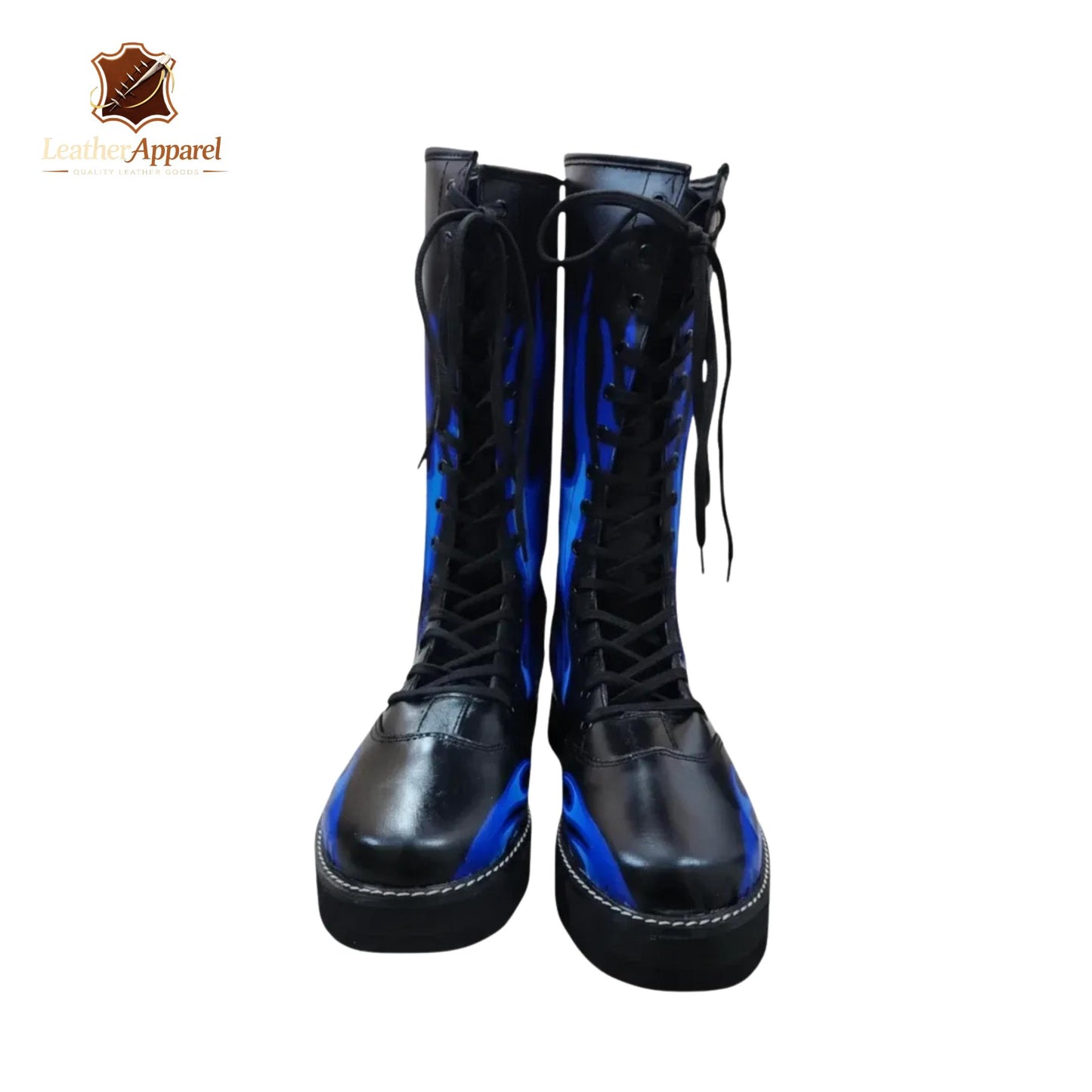 Blue Flame Knee High Wrestling Boots – Black & Electric Blue | Platform Lace Up