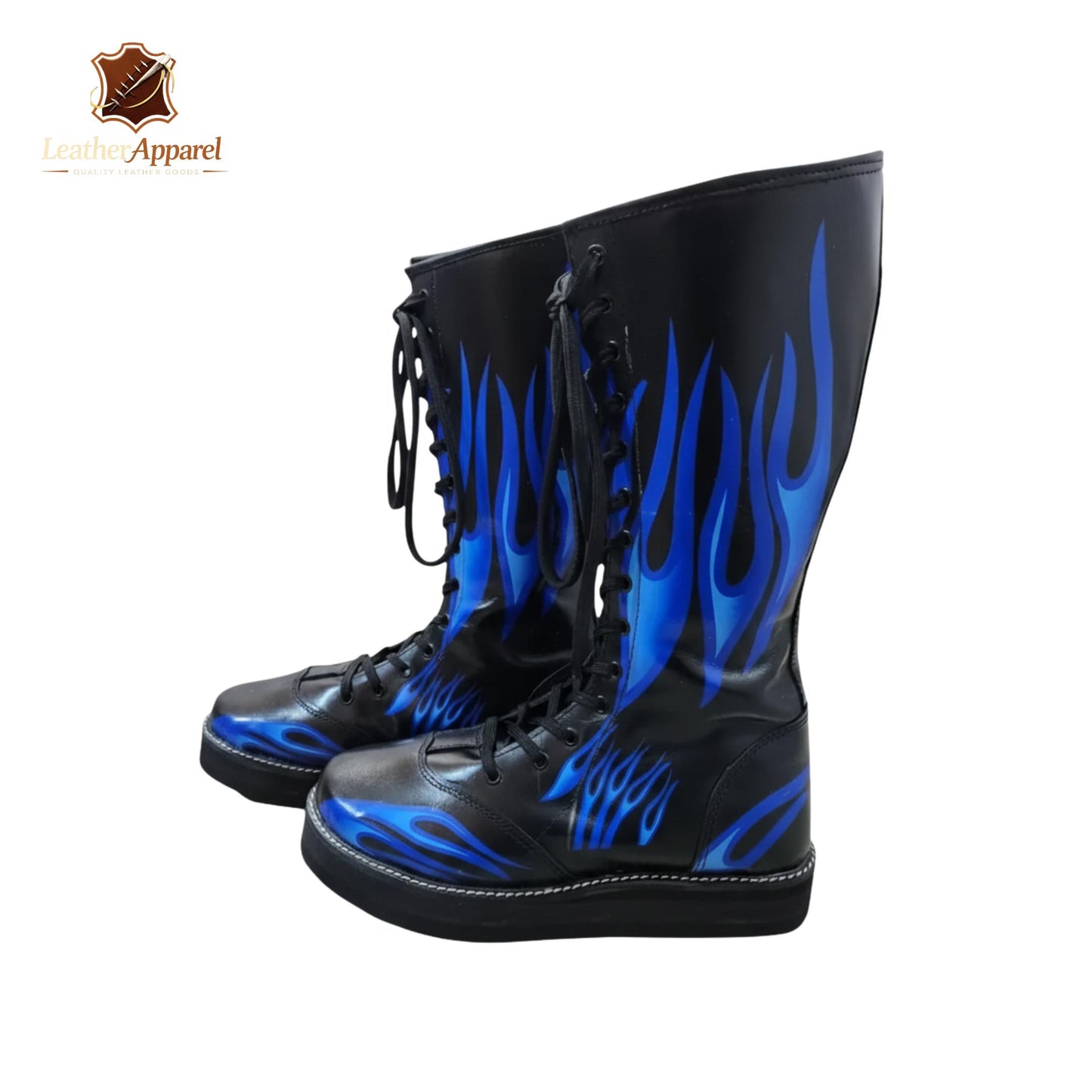 Blue Flame Knee High Wrestling Boots – Black & Electric Blue | Platform Lace Up