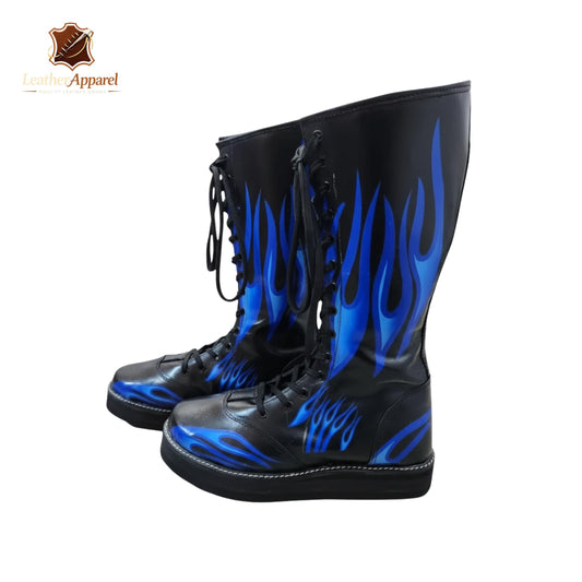 Blue Flame Knee High Wrestling Boots – Black & Electric Blue | Platform Lace Up