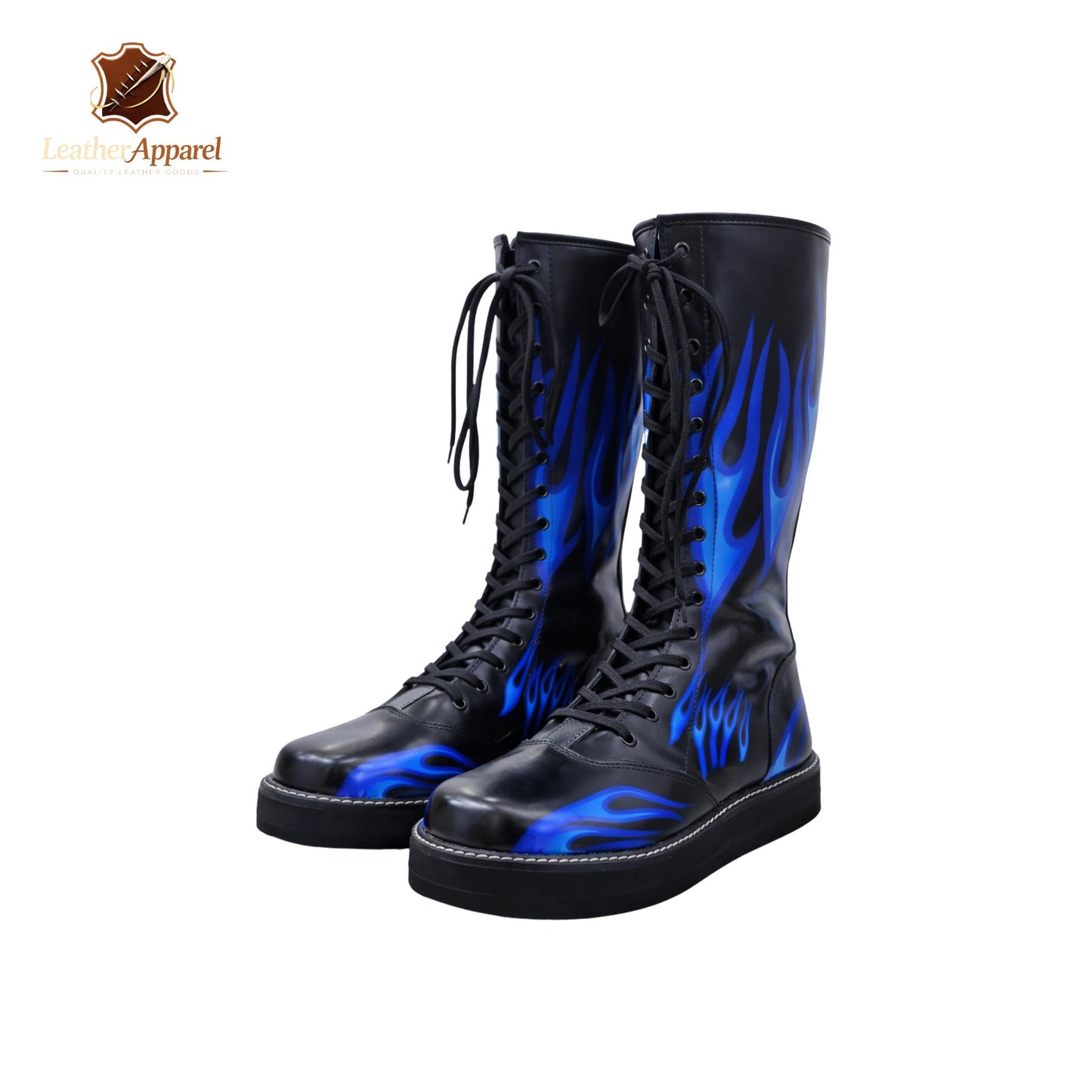 Blue Flame Knee High Wrestling Boots – Black & Electric Blue | Platform Lace Up
