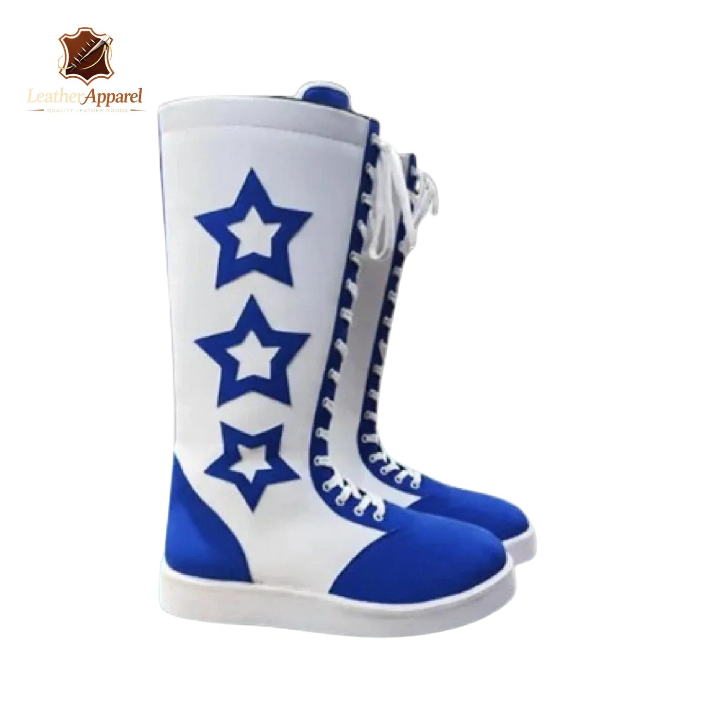 Triple Star Patriot Wrestling Boots – White & Royal Blue Knee High | Lace Up