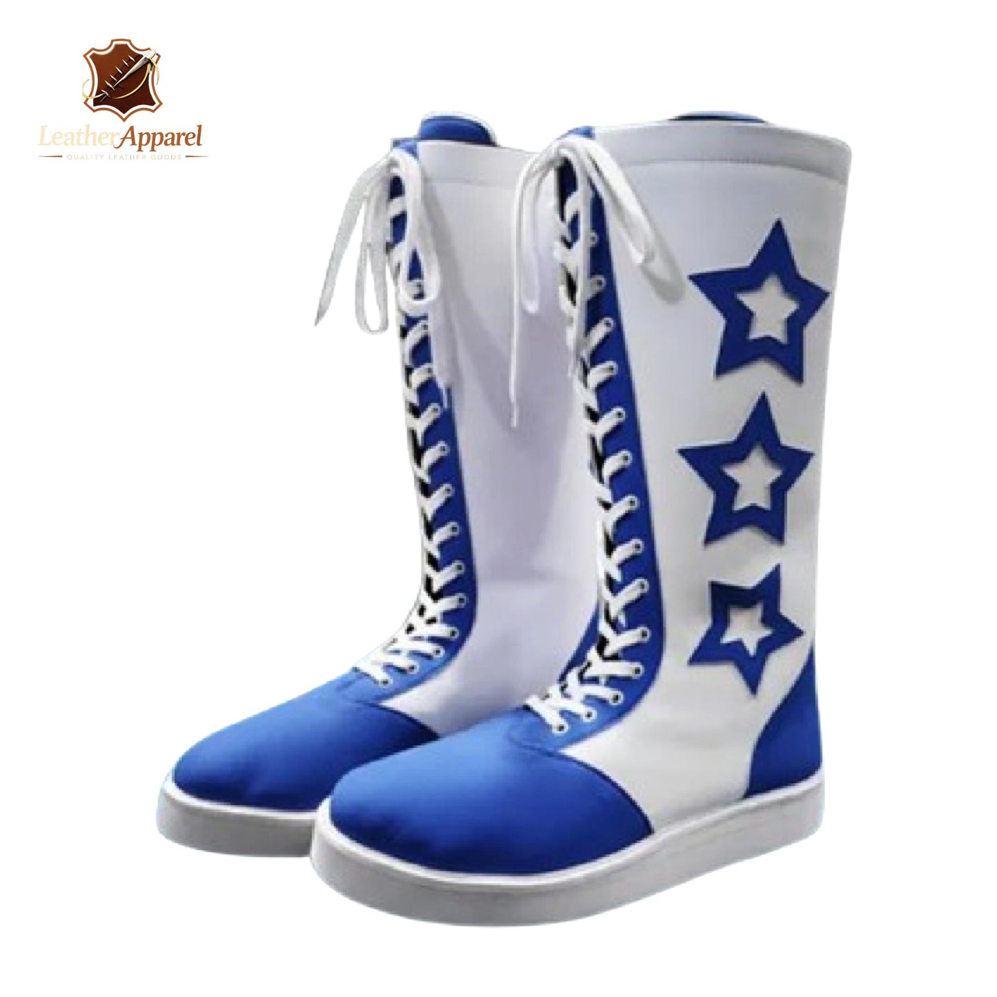 Triple Star Patriot Wrestling Boots – White & Royal Blue Knee High | Lace Up