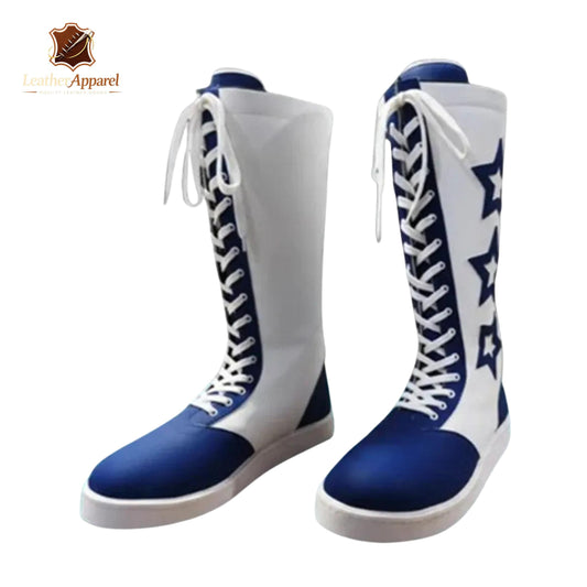 Triple Star Patriot Wrestling Boots – White & Royal Blue Knee High | Lace Up