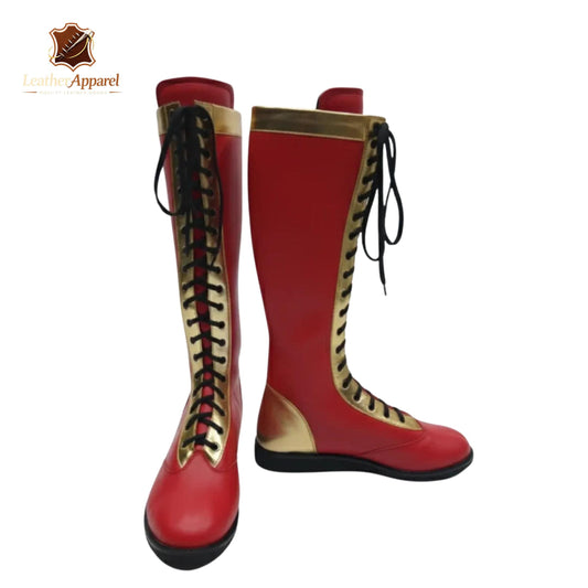 Royal Champion Wrestling Boots – Red & Gold Knee High | Lace Up