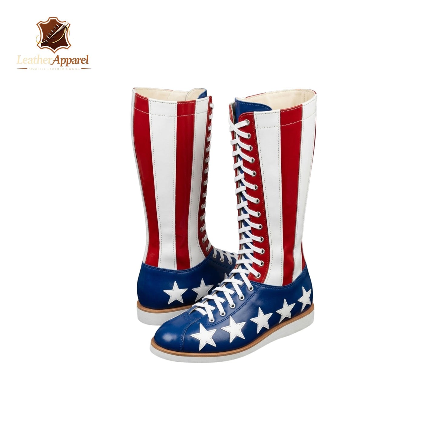 Stars & Stripes Wrestling Boots – USA Flag Knee High | Red White Blue Lace Up