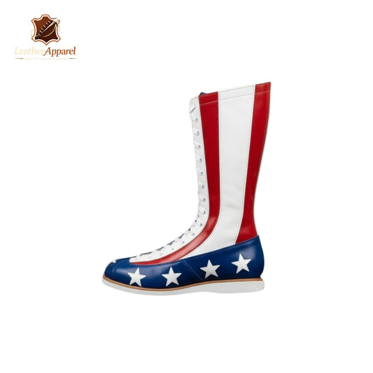 Stars & Stripes Wrestling Boots – USA Flag Knee High | Red White Blue Lace Up