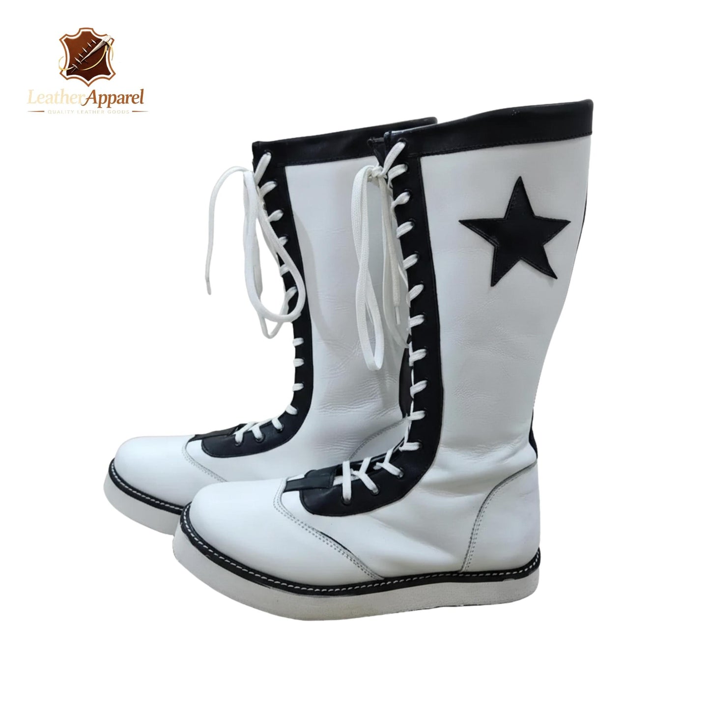 All-Star Hero Wrestling Boots – White Knee High with Black Star | Lace Up