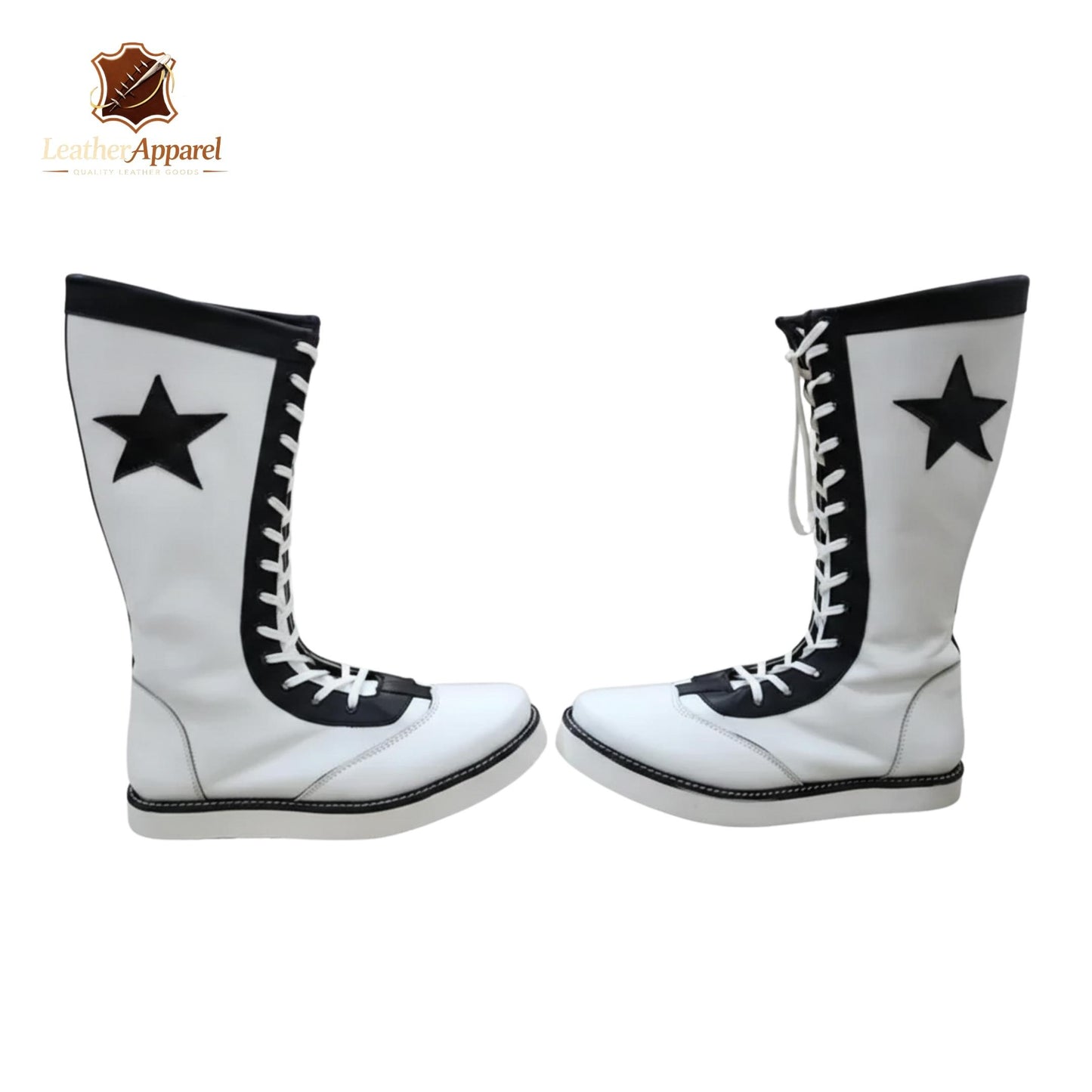 All-Star Hero Wrestling Boots – White Knee High with Black Star | Lace Up